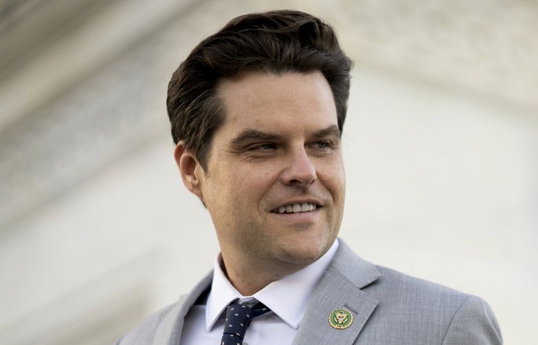 Rep. Matt Gaetz (R-Fla.) walks down the U.S. Capitol steps and speaks with reporters after a voting in Washington, on Sept. 27, 2023. Speaker Kevin McCarthy has argued that Gaetz is trying to oust him as payback for an Ethics Committee inquiry the Florida representative is facing into allegations of sexual misconduct and misuse of funds. (Maansi SrivastavaThe New York Times)