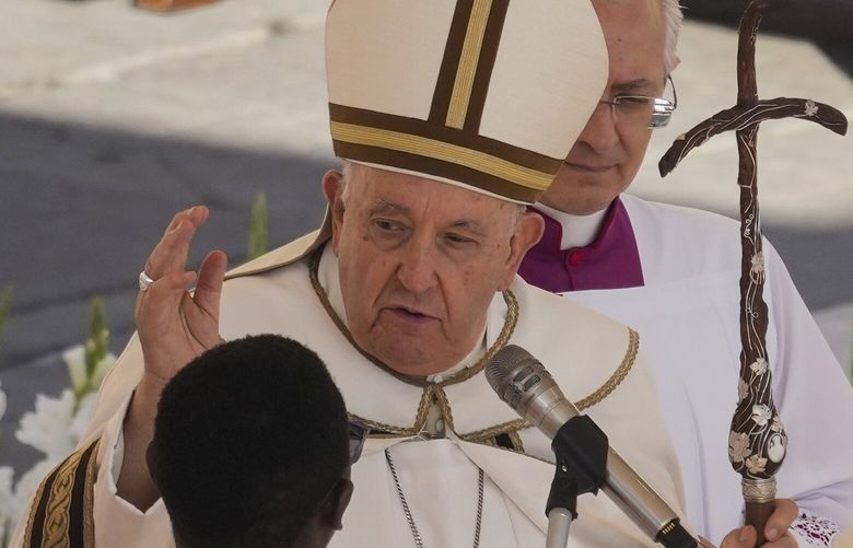 Pope Francis presides over a mass concelebrated by the new cardinals for the start of the XVI General Assembly of the Synod of Bishops in St. Peter’s Square at The Vatican, Wednesday, Oct.4, 2023. Pope Francis is convening a global gathering of bishops and laypeople to discuss the future of the Catholic Church, including some hot-button issues that have previously been considered off the table for discussion. Key agenda items include women’s role in the church, welcoming LGBTQ+ Catholics, and how bishops exercise authority. For the first time, women and laypeople can vote on specific proposals alongside bishops (AP Photo/Andrew Medichini) XAJM123 XAJM123