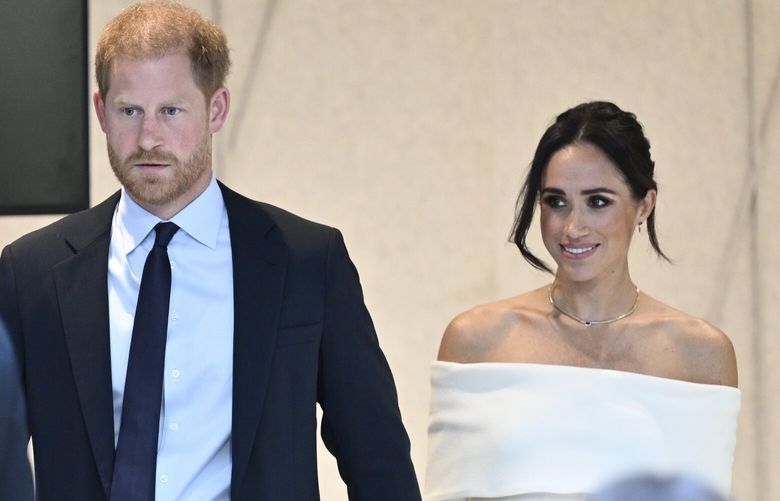 Britain’s Prince Harry, The Duke of Sussex, left, and Meghan, Duchess of Sussex, participate in The Archewell Foundation Parents’ Summit “Mental Wellness in the Digital Age” as part of Project Healthy Minds’ World Mental Health Day Festival on Tuesday, Oct. 10, 2023, in New York. (Photo by Evan Agostini/Invision/AP) NYAK201 NYAK201