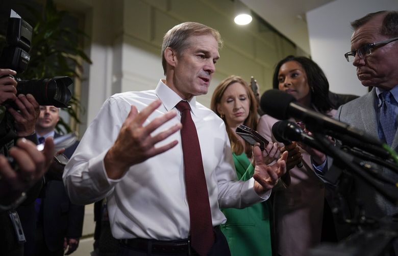 Rep. Jim Jordan, R-Ohio, chairman of the House Judiciary Committee, speaks with reporters following a closed door meeting with House Republicans as he looks for decisive support to become speaker, at the Capitol in Washington, Monday, Oct. 16, 2023. A floor vote that could turn into a showdown is set for midday Tuesday. (AP Photo/J. Scott Applewhite) DCSA113 DCSA113
