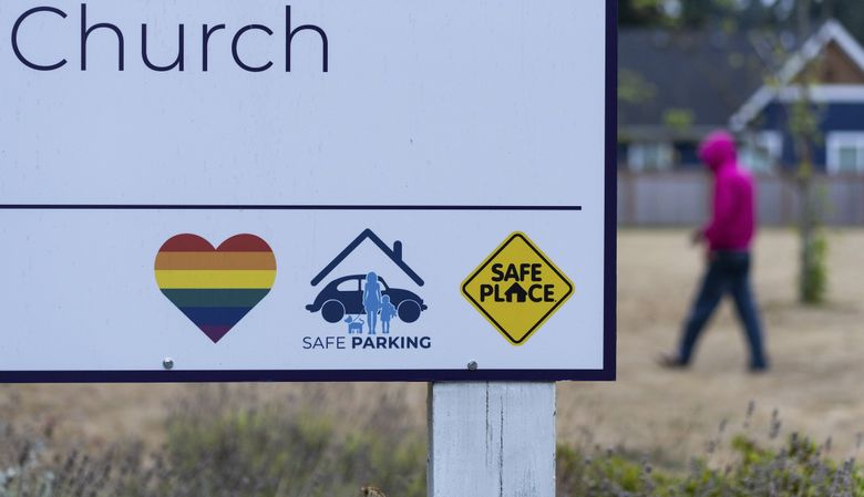 A SafePark parking lot, for people who are living out of their cars, at the Lake Washington United Methodist Church in Kirkland.  The church began experimenting with offering a beachhead for the “mobile homeless” in 2011. (Ruth Fremson / The New York Times)
