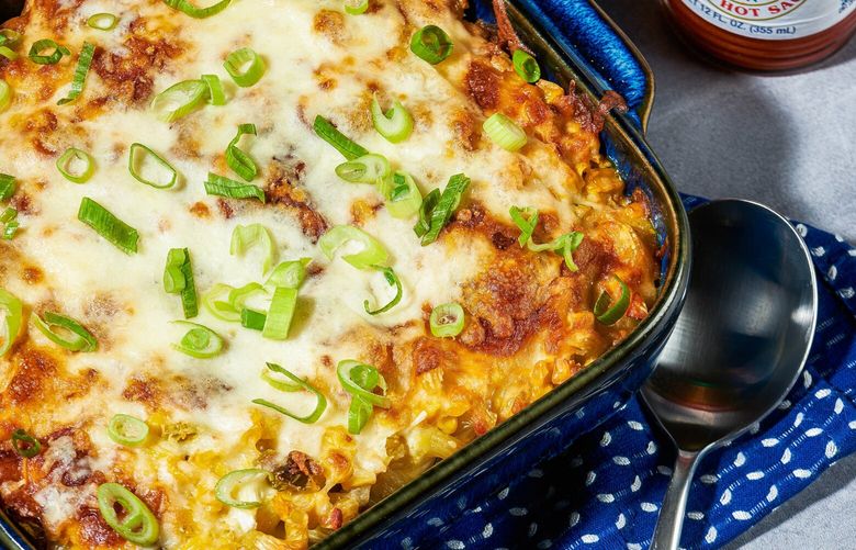 Cheesy Corn Casserole. MUST CREDIT: Rey Lopez for The Washington Post; food styling by Nicola Justine Davis for The Washington Post