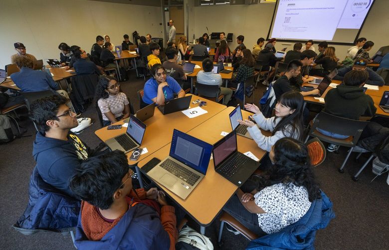 University of Washington’s Computer Ethics class, taught by Prof. Dan Grossman is not a requirement but it has more students than ever, Wednesday, Oct. 11, 2023 in Seattle. Grossman said he initially incorporated Artificial Intelligence as a topic in place of facial recognition and now “A.I. is hot.”