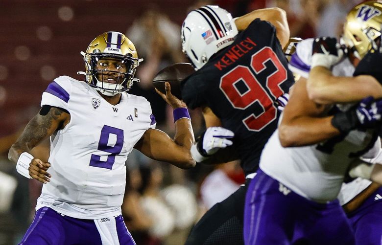 In the fourth quarter,1st and 10 from the Stanford 33, Michael Penix spots upGermie Bernard on the right side and hits him for a first down at the  17.  The 5th-ranked Washington Huskies played the Stanford Cardinal in Pac-12 Football Saturday, October 28, 2023, at Stanford Stadium, in Palo Alto, CA. 225339