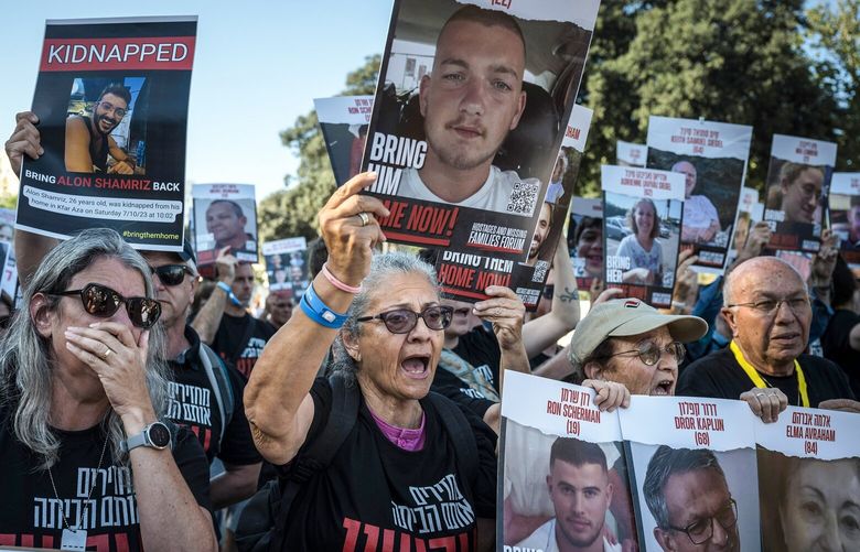 People attend a rally supporting families of the captives held by Hamas in Jerusalem, Israel, on Monday, Nov. 6, 2023. Indirect talks mediated by Qatar snagged after Israel’s ground invasion of Gaza on Oct. 27. (Sergey Ponomarev/The New York Times)
 XNYT0603