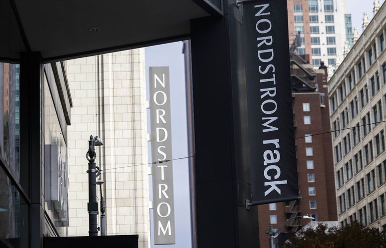 Nordstrom and Nordstrom Rack banners in downtown Seattle on Nov. 9, 2023