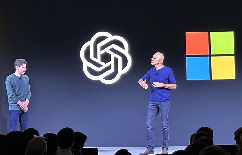 File – Sam Altman, left, appears onstage with Microsoft CEO Satya Nadella at OpenAI’s first developer conference, on Nov. 6, 2023, in San Francisco. Microsoft snapped up Altman for a new venture after his sudden departure from OpenAI shocked the artificial intelligence world. (AP Photo/Barbara Ortutay, File) NYPM105 NYPM105