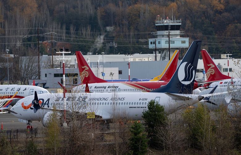 Planes awaiting delivery to Chinese carriers at Boeing Field in Seattle, Nov. 20, 2023. A thaw in relations between the United States and China may help Boeing sell more planes – and finally deliver aircraft ordered years ago. (Ruth Fremson/The New York Times) 
