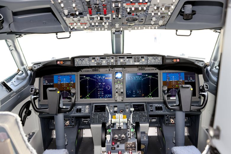 The cockpit of the Boeing ecoDemonstrator, a 737 MAX 10 eventually bound for United Airlines&#8217; fleet. (Karen Ducey / The Seattle Times)