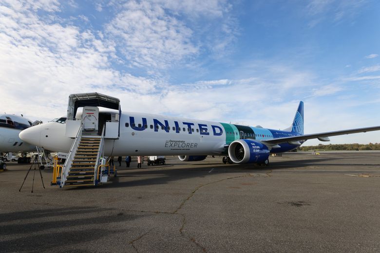 For three weeks, this Boeing 737 MAX 10 flew as part of scientific research missions with NASA to analyze emissions and contrails. (Karen Ducey / The Seattle Times)