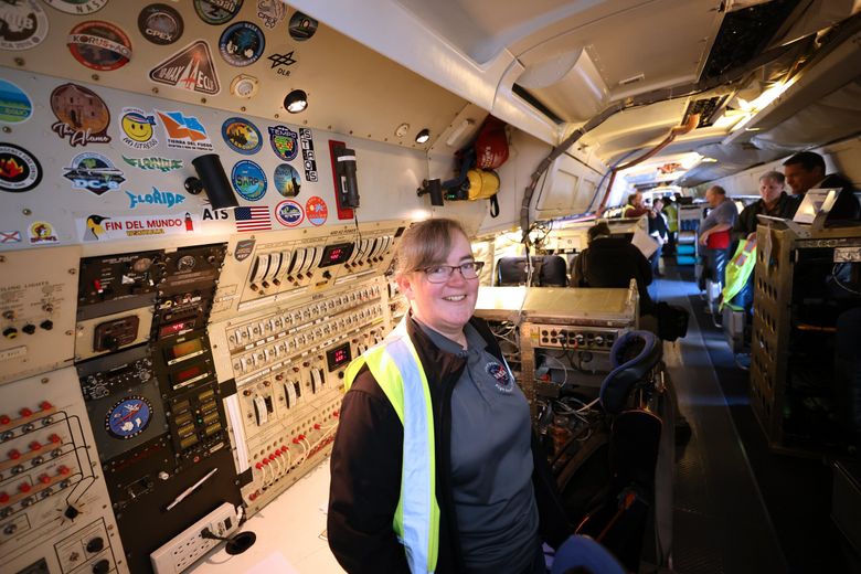 Nicki Reid was the NASA mission manager in the DC-8 Airborne Science Lab that chased a Boeing MAX 10 through the skies recently to investigate contrail formation. (Karen Ducey / The Seattle Times)