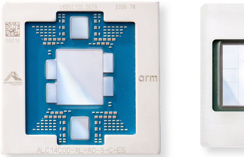 A prototype of the AWS Graviton4 and AWS Trainium computer chips.
