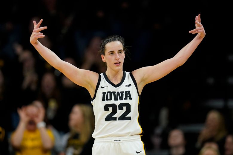 Iowa guard Caitlin Clark celebrates after making a 3-point basket during the second half of an NCAA college basketball game against Drake, Sunday, Nov. 19, 2023, in Iowa City, Iowa. Iowa won 113-90. (AP Photo/Charlie Neibergall)