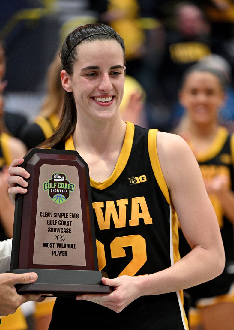 Iowa&#8217;s Caitlin Clark is named Most Valuable Player after the final game against Kansas State in the NCAA college basketball Gulf Coast Showcase, Sunday, Nov. 26, 2023, in Estero, Fla. (AP Photo/Chris Tilley)