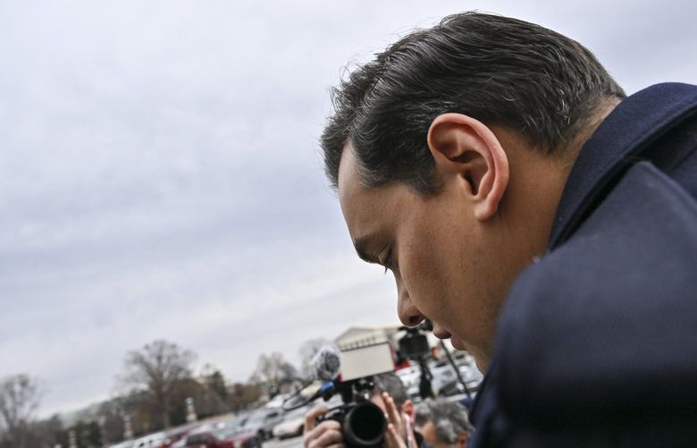 New York Republican George Santos leaves the Capitol on Friday after he was expelled from the House. MUST CREDIT: Ricky Carioti/The Washington Post