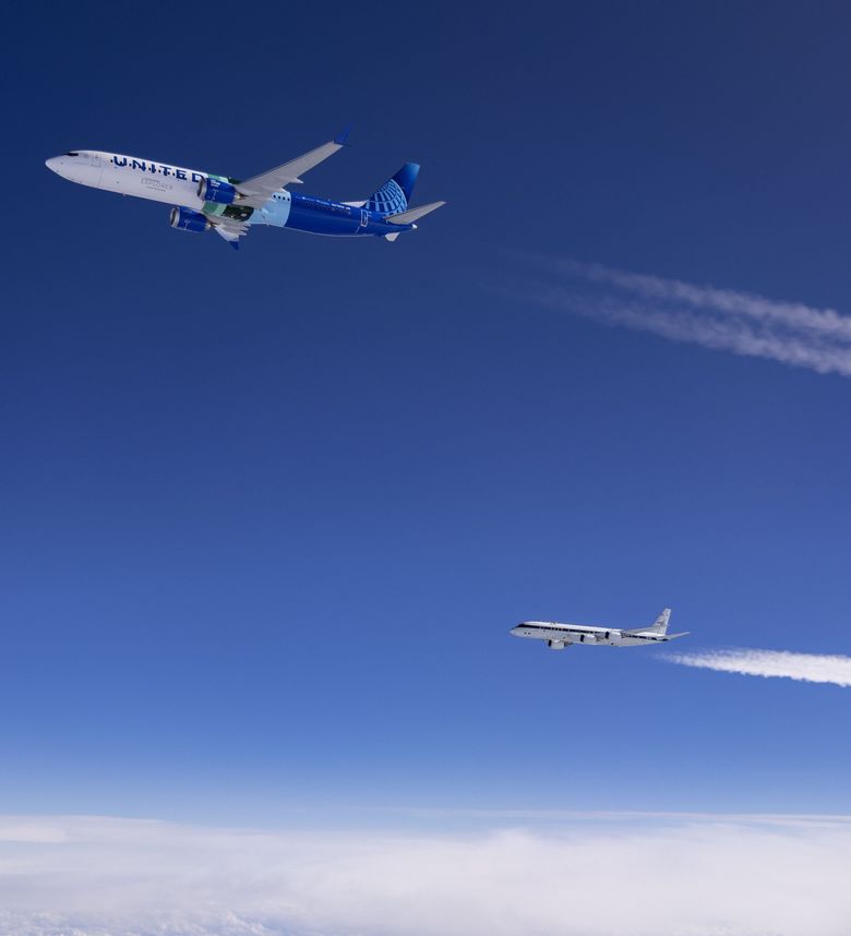 In October, a Boeing 737 MAX 10 is chased by a NASA DC-8 research plane during flight tests out of Paine Field in Everett to gather data on contrail formation. The Boeing jet is burning fuel that produces fewer aerosols, making a thinner contrail than the one behind, the older NASA plane. New scientific work casts doubt on how much contrails contribute to global warming. (Ryan Coe / Boeing) 