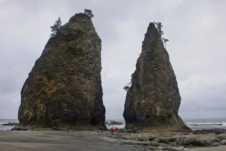 Sea stacks on Rialto Beach, which is featured on the North Shore Route on the Olympic Peninsula. (Cassandra Reidstra / Courtesy of Olympic Peninsula Visitor Bureau)