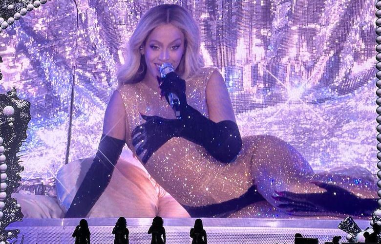 A shot of Beyoncé’s famous “hands on” body suit during her “Renaissance World Tour” show at Allegiant Stadium on Aug. 26, 2023, in Las Vegas. (John Katsilometes/Las Vegas Review-Journal/TNS) 94878088W