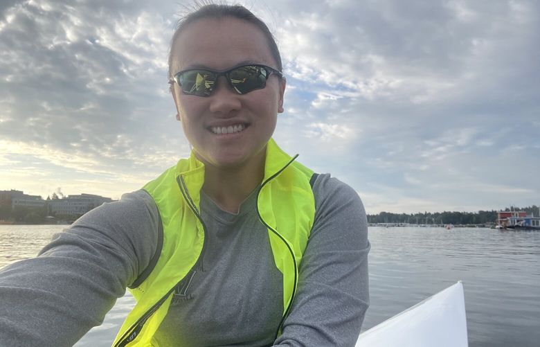 The writer, Stefanie Loh, in a tubby on Lake Union this summer. After giving birth to her daughter in January 2022, this writer found it difficult to squeeze in time to work out … until she tried rowing.