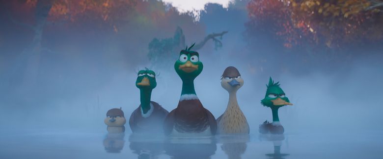 From left, Gwen (Tresi Gazal), Uncle Dan (Danny DeVito), Mack (Kumail Nanjiani), Pam (Elizabeth Banks) and Dax (Caspar Jennings) in “Migration.” (Courtesy of Illumination Entertainment & Universal Pictures)