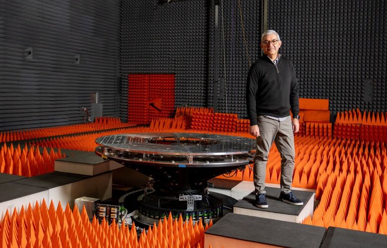 Rajeev Badyal, vice president of technology for Project Kuiper at Amazon.com Inc., inside an anechoic chamber used for testing antennas at Project Kuiper’s research and development facility in Redmond, Washington, US, on Wednesday, Dec. 6, 2023. Project Kuiper could transform Amazon into a telecommunications giant, but first the company needs to loft more than 3,000 satellites into orbit. Photographer: M. Scott Brauer/Bloomberg