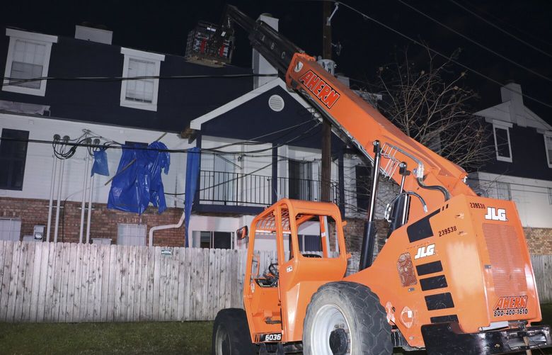 In an image provided by the Jefferson Parish Sheriff’s Office, a Louisiana worksite where Crisanto Campos, 17, was electrocuted while using a forklift to raise a pallet of shingles onto a rooftop in 2022. It was his first time operating the machine. (Jefferson Parish Sheriff’s Office via The New York Times) — NO SALES. FOR EDITORIAL USE ONLY —