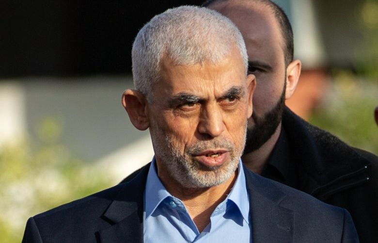   Yahya Sinwar, head of the Hamas political bureau, greeting the audience at the International Quds Day festival in Gaza City on April 14, 2023.  (Samar Abu Elouf/The New York Times) XNYT0999 XNYT0999