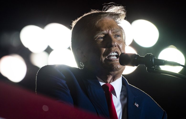 Former president Donald Trump speaks at a Nov. 8, 2023, campaign rally in Hialeah, Fla. MUST CREDIT: Jabin Botsford/The Washington Post.
