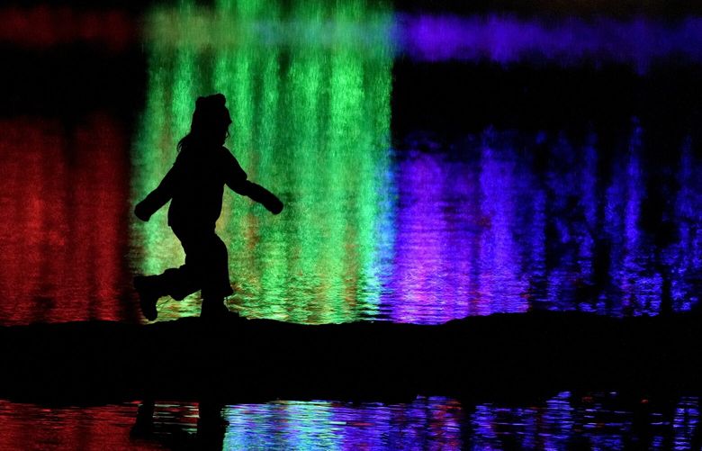 A child is silhouetted against reflections of Christmas lights on a pond Sunday, Dec. 17, 2023, at a park in Lenexa, Kan. (AP Photo/Charlie Riedel)