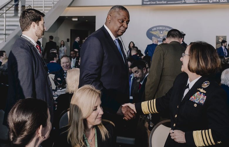 Defense Secretary Lloyd J. Austin III attends an event, along with other senior military officials at the Ronald Reagan Presidential Library, in Simi Valley, Calif., on Dec. 2, 2023. Retired officers and departing defense officials are flocking to investment firms that are pushing the government to provide more money to their defense-technology startups. (Mark Abramson/The New York Times) XNYT0902 XNYT0902