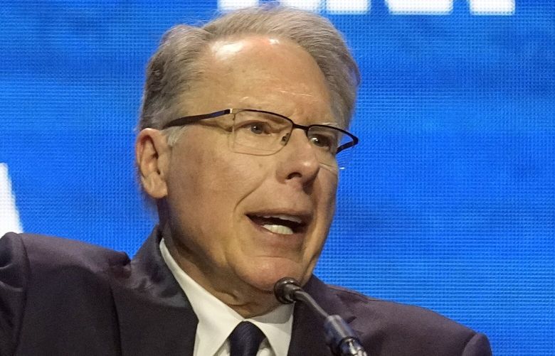 Wayne LaPierre, CEO and executive vice-president of the National Rifle Association, addresses the National Rifle Association Convention, Friday, April 14, 2023, in Indianapolis. (AP Photo/Darron Cummings) INDC122 INDC122