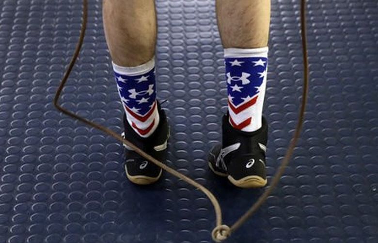 In this Feb. 24, 2017 photo, Midshipman Nate Fields of Lake Harmony, Pa., sports American flag-themed socks as he prepares to jump rope before his 119-lb boxing match at the U.S. Naval Academy’s Brigade Boxing Championships in Annapolis, Md. (AP Photo/Patrick Semansky)



In this Feb. 24, 2017 photo, Midshipman Nate Fields of Lake Harmony, Pa., sports American flag-themed socks as he prepares to jump rope before his 119-lb boxing match at the U.S. Naval Academy’s Brigade Boxing Championships in Annapolis, Md. (AP Photo/Patrick Semansky)