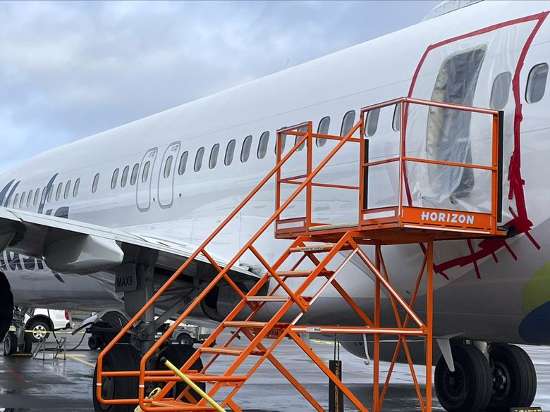 This image taken Sunday, Jan. 7, and released by the National Transportation Safety Board, shows a section of Alaska Airlines Flight 1282 in Portland. Federal officials are investigating Boeing&#8217;s oversight of production of a panel that blew off the 737 MAX 9. (NTSB via AP) 