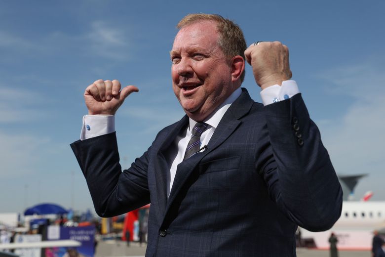 Stan Deal, CEO of the Commercial Airplanes division of  Boeing, is all smiles during a Bloomberg Television interview at the Dubai Air Show on Nov. 13, 2023, after a big order by Emirates for the 777X. (Christopher Pike / Bloomberg)