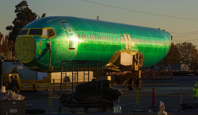 A 737 fuselage arrives at Boeing&#8217;s Renton factory from Spirit AeroSystems, based in Wichita, Kan. (Mike Siegel / The Seattle Times, 2017)