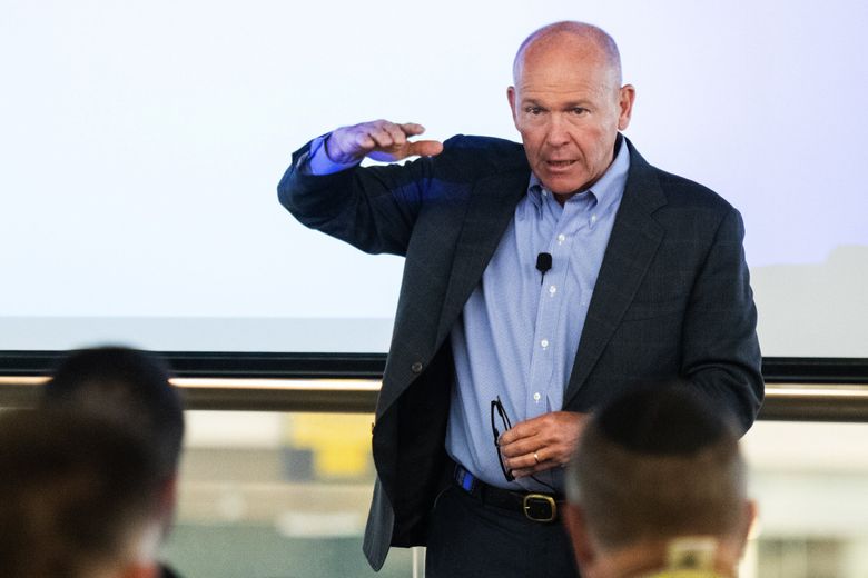 Boeing President and CEO Dave Calhoun speaks with journalists at Boeing South Carolina in North Charleston, S.C., on May 30, 2023. (Boeing)