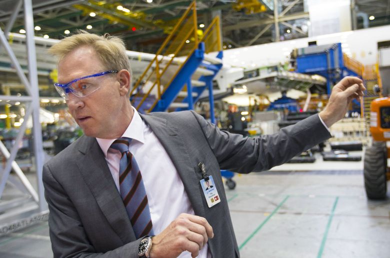 In 2014, Pat Shanahan, then Boeing senior vice president of Airplane Programs, shows the 787 line in the Everett factory. Now he&#8217;s the president and CEO of Spirit AeroSystems. (Mike Siegel / The Seattle Times, 2014)