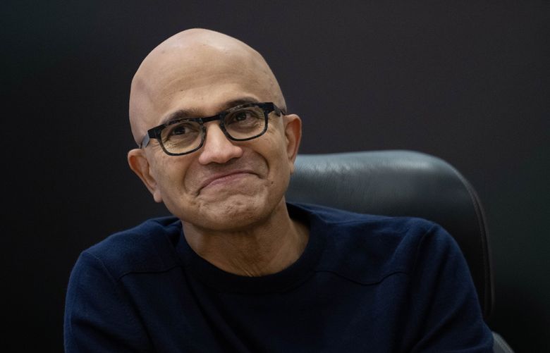 FILE – Satya Nadella, Microsoft’s chief executive, at the company’s campus in Redmond, Wash., Feb. 7, 2023. In a shift signifying the importance of new artificial intelligence technology to Wall Street investors, Microsoft surpassed Apple on Friday, Jan. 12, 2024, to become the most valuable public company, with a market value of $2.89 trillion, versus Apple’s $2.87 trillion. (Ruth Fremson/The New York Times) (RUTH FREMSON / NYT)