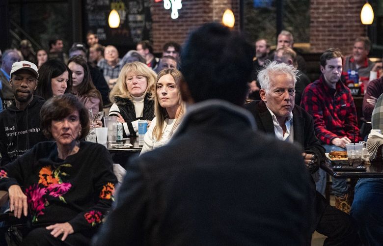 Republican primary presidential candidate Vivek Ramaswamy speaks during a campaign event at Wellman’s Pub and Rooftop in Des Moines, Iowa, Jan. 9, 2024. As Monday’s caucuses approach, some voters in Iowa casually throw around the prospect of World War III and civil unrest, anxious of divisions they fear are tearing the country apart. (Haiyun Jiang/The New York Times)