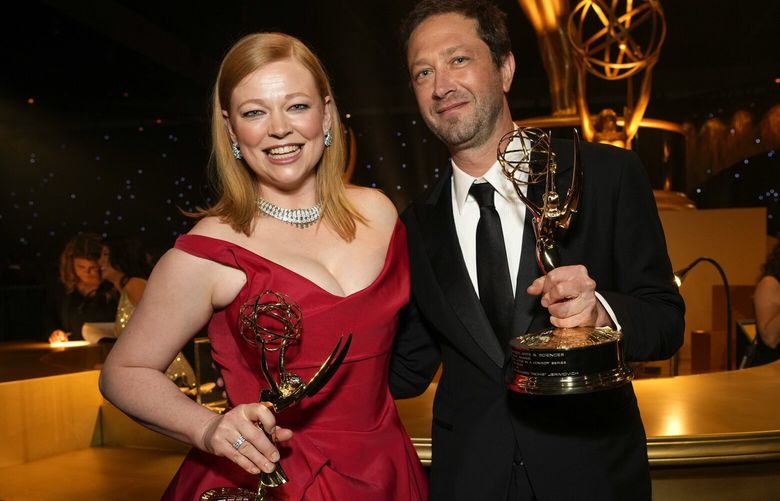 Sarah Snook, left, winner of the outstanding lead actress in a drama series for “Succession”, and Ebon Moss-Bachrach, winner of the award for outstanding supporting actor in a comedy series for “The Bear”, attend the Governors Ball for the 75th Primetime Emmy Awards on Monday, Jan. 15, 2024, at the Los Angeles Convention Center in Los Angeles. (AP Photo/Chris Pizzello) CARA570 CARA570