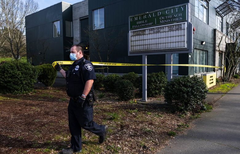 Seattle Police secure the scene of a shooting in Rainier Valley Wednesday afternoon.  At least one person was shot inside this Rainier Valley church in the 7700 block of Rainier Avenue South Wednesday, March 17, 2021. 216673