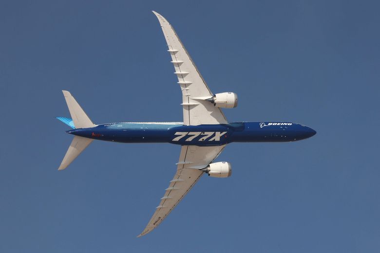 A Boeing 777-9 passenger aircraft, a variant of the forthcoming new 777X, at the Dubai Air Show in the United Arab Emirates in November. Large orders in Dubai gave Boeing hope of a recovery in its fortunes. (Christopher Pike / Bloomberg)