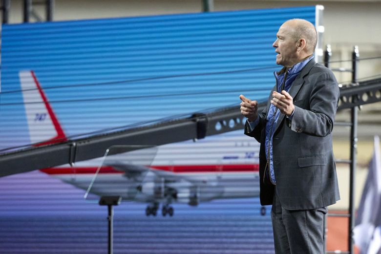 Boeing CEO Dave Calhoun speaks during a ceremony for the delivery of the final Boeing 747 jumbo jet on Jan. 31, 2023, in Everett. (AP Photo/John Froschauer) 