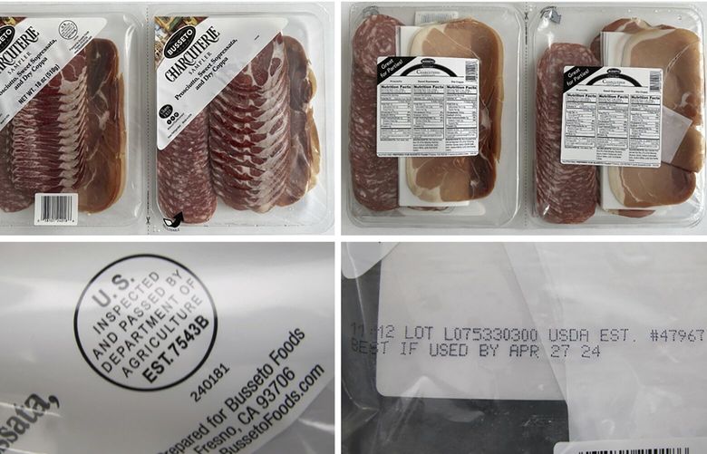 FILE – This combination of photos provided by the U.S. Centers for Disease Control and Prevention on Jan. 5, 2024, shows different views of a Busseto charcuterie sampler with prosciutto, sweet sopressata and dry coppa. On Thursday, Jan. 18, federal health officials expanded a warning about salmonella poisoning tied to charcuterie meat snack trays sold at Sam’s Club and Costco stores as several people have been sickened or hospitalized after eating Busseto brand and Fratelli Beretta brand meats (U.S. Centers for Disease Control and Prevention via AP, File) NYSS406 NYSS406
