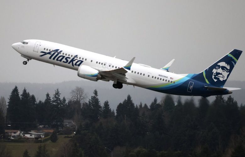 Alaska’s first MAX 9 flight since the blowout takes off from Seattle-Tacoma International Airport to San Diego International Airport on Friday, January 26, 2024. Boeing 737 MAX 9s are in the air again for the first time since the Jan. 5 midair blowout on an Alaska Airlines jet. 226041