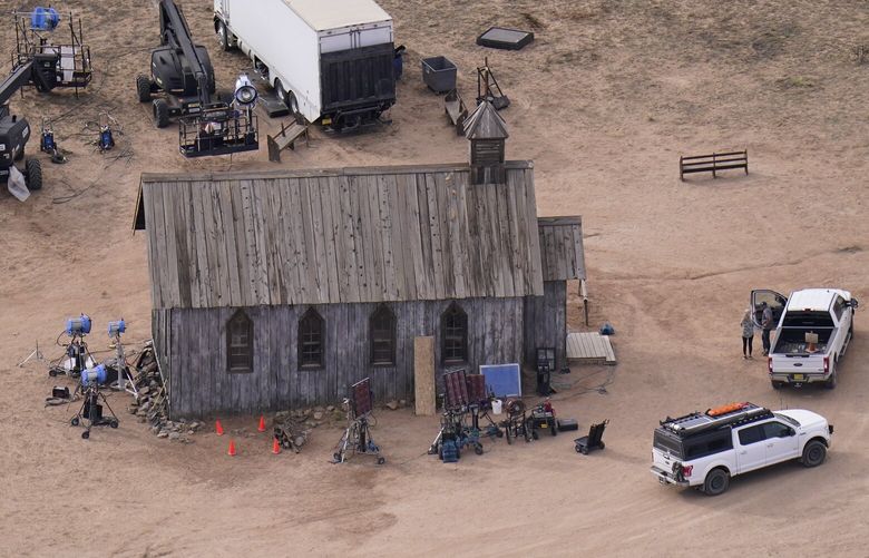 FILE – This aerial photo shows part of the Bonanza Creek Ranch film set in Santa Fe, N.M., on Oct. 23, 2021. Actor Alec Baldwin has pleaded not guilty to an involuntary manslaughter charge in the fatal shooting of a cinematographer during a rehearsal on the movie set in New Mexico. Court documents filed Wednesday, Jan. 31, 2024, show Baldwin entered the plea in state district court in Santa Fe, waiving an arraignment Thursday, Feb. 1, that was scheduled to take place remotely by video conference.  (AP Photo/Jae C. Hong, File) NYCD502 NYCD502