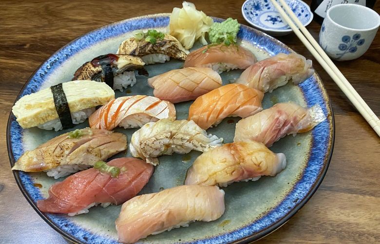 The chef’s choice nigiri at Sushi Kaunta in Kent is arrayed in glorious formation across a iridescent-blue-edged platter, from Japanese hamachi to Hawaiian kampachi to Scottish ocean trout to big-eye from the Philippines.
