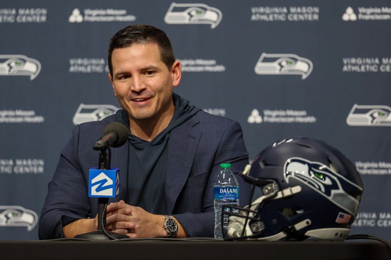 Mike Macdonald fields questions during a press conference Thursday morning at the Virginia Mason Athletic Center in Renton, Washington, on February 1, 2024. (Kevin Clark / The Seattle Times)