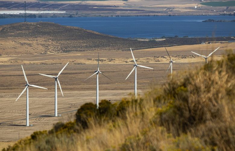 Wind turbines dot the hills overlooking the Columbia River Wednesday, Sept. 6, 2023, in Benton County, Wash. They are part of the expansive footprint in which the Horse Heaven Hills Wind Farm renewable energy project is set to be constructed. 224829