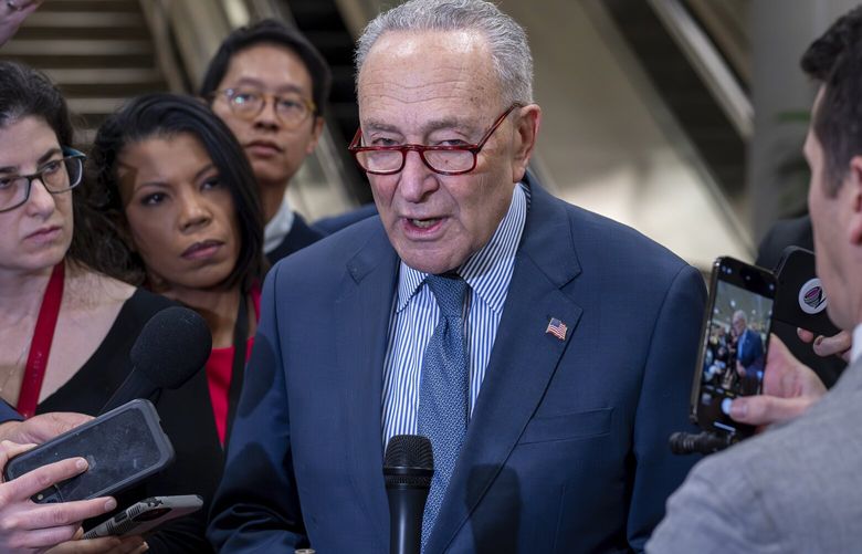 Senate Majority Leader Chuck Schumer, D-N.Y., discusses next steps for the foreign aid package for Ukraine and Israel on the day after the bipartisan Senate border security bill collapsed, at the Capitol in Washington, Wednesday, Feb. 7, 2024. (AP Photo/J. Scott Applewhite) DCSA106 DCSA106